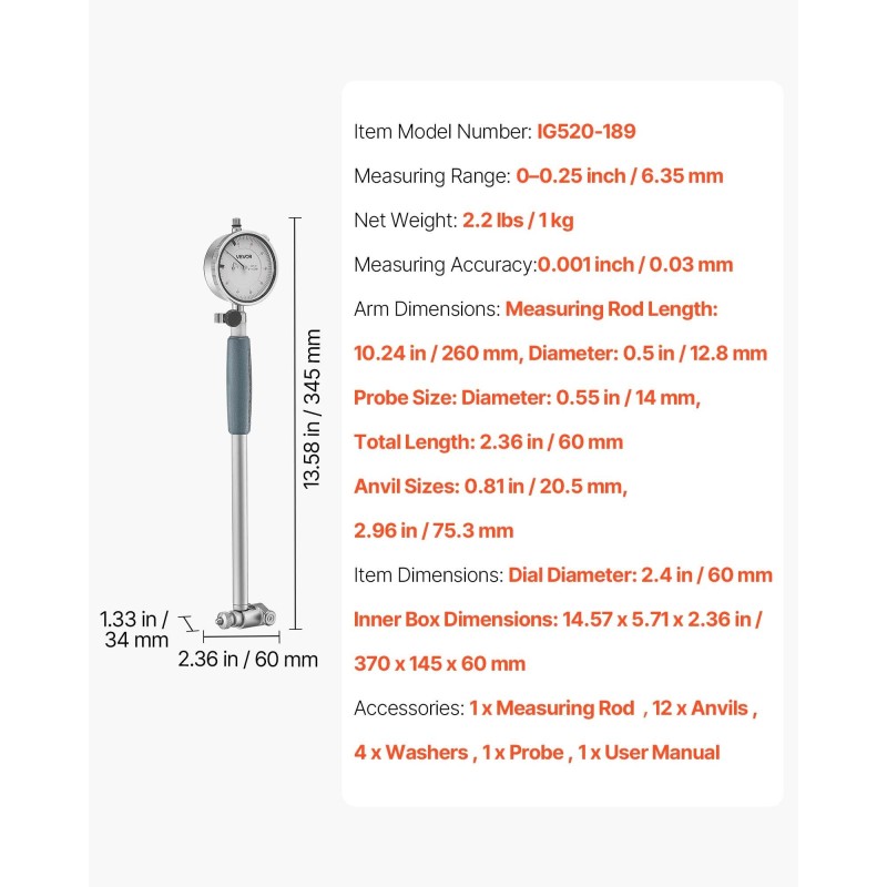 Mittasarja kellomittarilla ja sylinterimittarilla alumiinirunko 50,8–152,4 mm 0,03 mm tarkkuus
