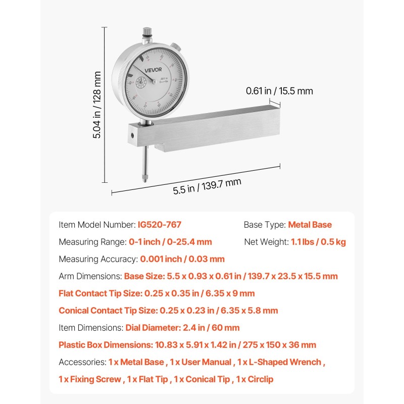 Mittakello metallijalustalla 0–25,4 mm 0,03 mm tarkkuus alumiinirunko ruostumaton mittatappi