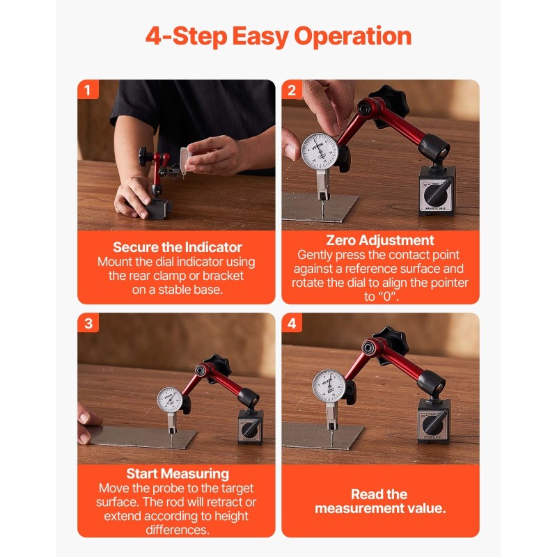 Kellomittari magneettijalustalla 0–0,76 mm 0,01 mm tarkkuus alumiinirunko ruostumaton mittatanko muovikotelo