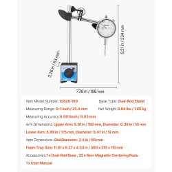 Mekaaninen mittakello alumiiniseosrunko 0–25,4 mm tarkkuus 0,03 mm kaksoistankoinen magneettijalusta