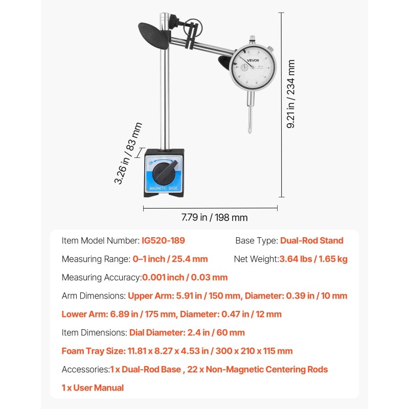 Mekaaninen mittakello alumiiniseosrunko 0–25,4 mm tarkkuus 0,03 mm kaksoistankoinen magneettijalusta