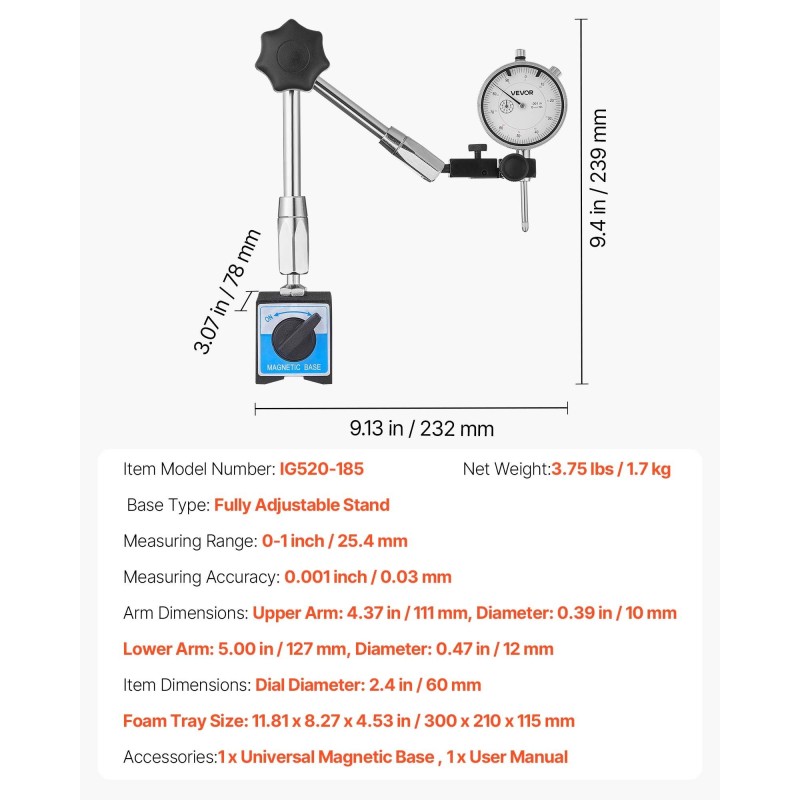 Mittakello magneettijalustalla alumiinirunko ruostumaton mittatappi 0-25,4 mm 0,03 mm
