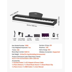 Digitaalipiano 88 täysin painotettua kosketinta kaksinkertainen koskettimisto 238 ääntä langaton MIDI-tuki