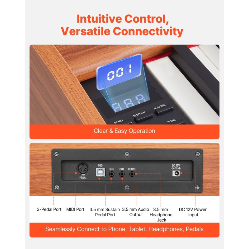 Digitaalipiano täysin painotettu 88-koskettiminen 280 ääntä langaton MIDI-tuki kaksoiskaiuttimet kolmoispoljin