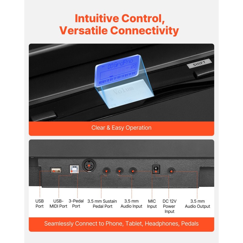 88-koskettiminen täysin painotettu digitaalipiano 280 äänellä Bluetoothilla ja MIDI-tuella