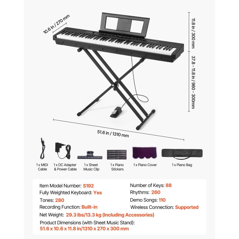 88-koskettiminen täysin painotettu digitaalipiano 280 äänellä Bluetoothilla ja MIDI-tuella
