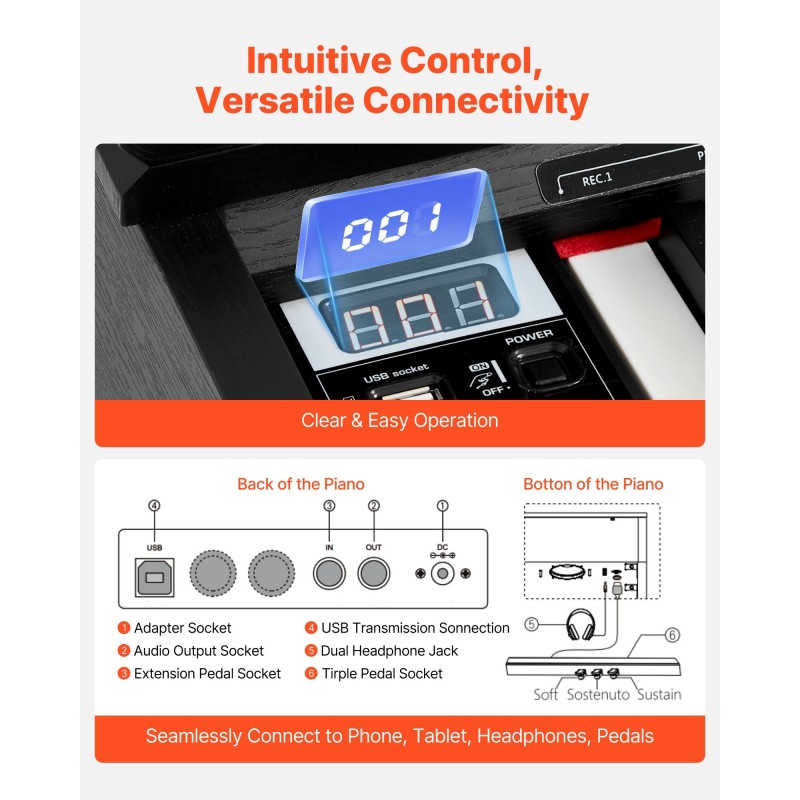 Digitaalipiano 88 täysin painotettua kosketinta 680 ääntä langaton yhteys MIDI-liitännät