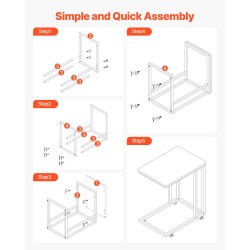 C-muotoinen sivupöytä metallirungolla ja MDF-pöytälevyllä pyörillä kantavuus 25 kg