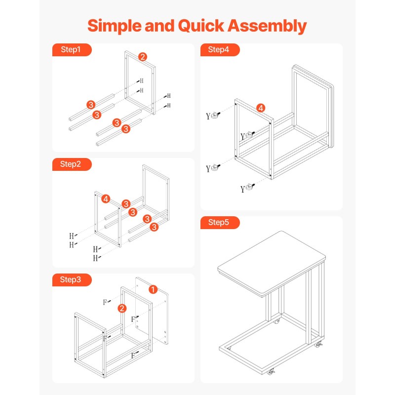 C-muotoinen sivupöytä metallirungolla ja MDF-pöytälevyllä pyörillä kantavuus 25 kg