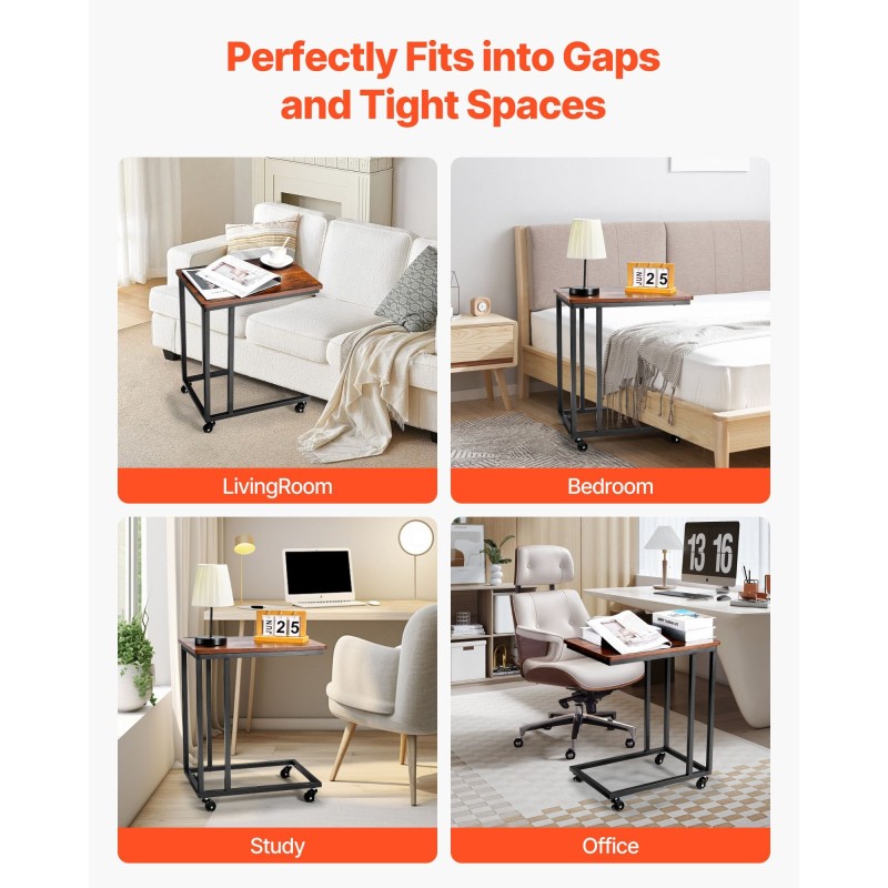 C-muotoinen sivupöytä metallirungolla ja MDF-pöytälevyllä pyörillä kantavuus 25 kg