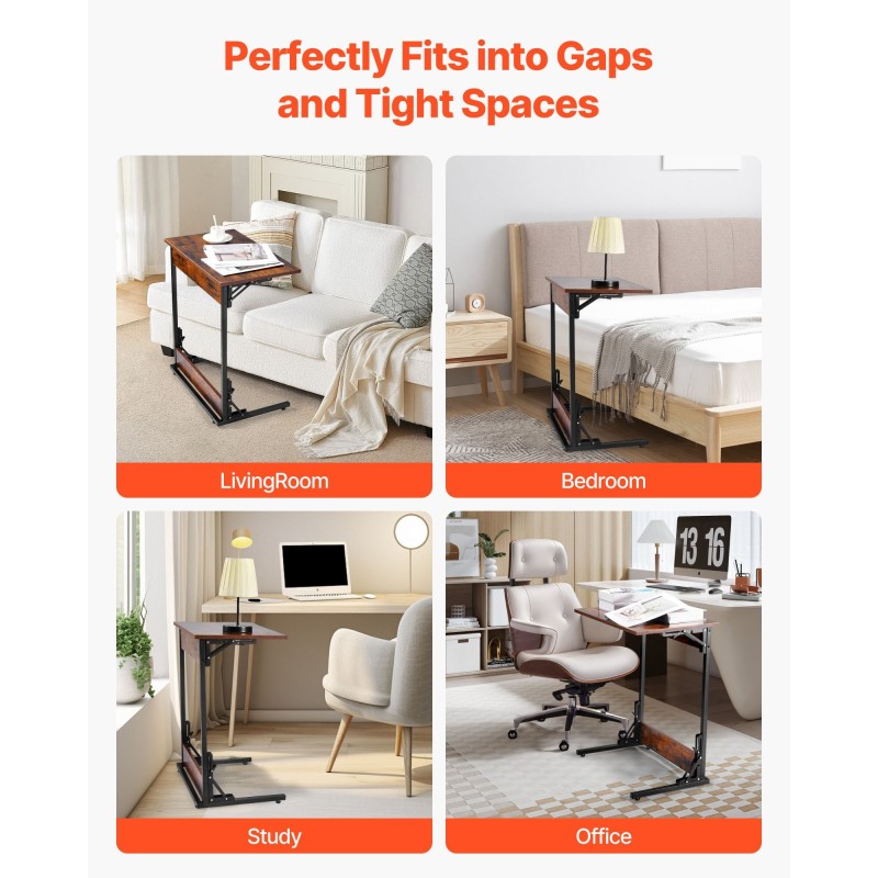 C-muotoinen taitettava sivupöytä metallirunkoinen paksu lastulevykansi säädettävät jalat kantavuus 14 kg