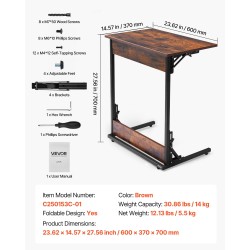 C-muotoinen taitettava sivupöytä metallirunkoinen paksu lastulevykansi säädettävät jalat kantavuus 14 kg