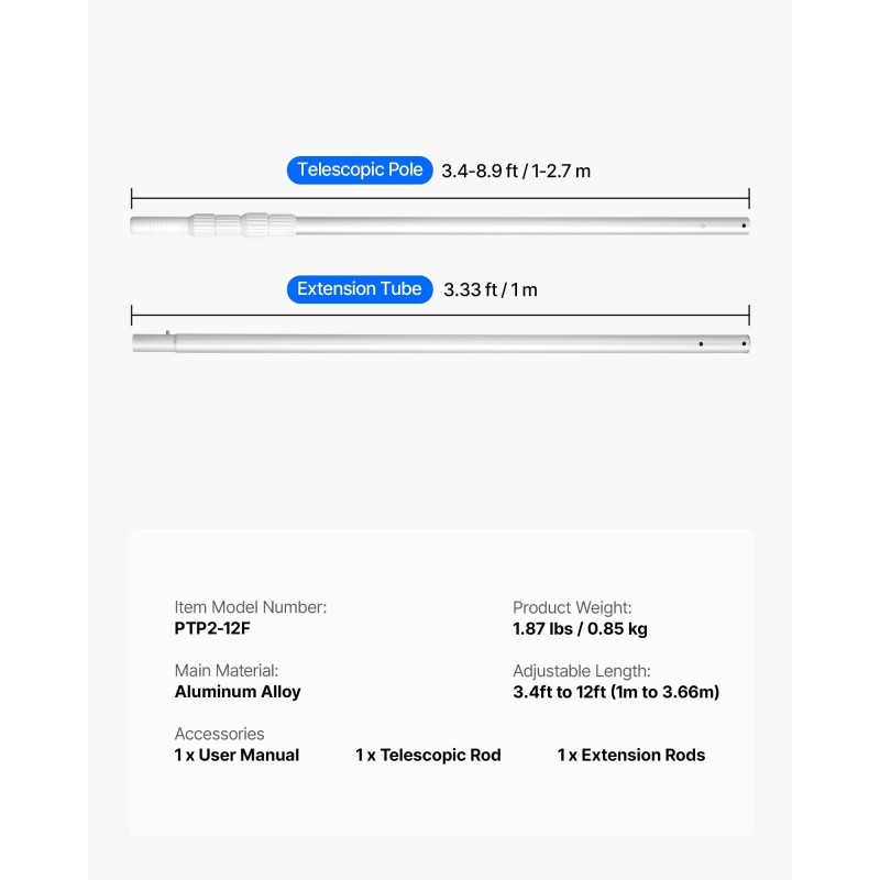 Teleskooppinen uima-allastanko alumiiniseoksesta valmistettu säädettävä 1–3,66 m 1¼-tuumainen liitin altaan puhdistukseen