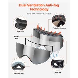 Kehyksettömät laskettelulasit sylinterimäisellä linssillä kolmikerroksisella vaahtomuovilla hopeapeilillä huurtumattomalla