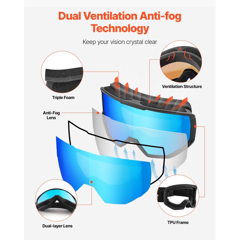 Laskettelulasit sylinterimäinen linssi huurtumaton kolmikerroksinen pehmuste aikuisille