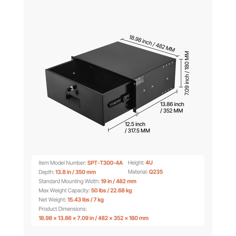 4U räkkikiinnitteinen lukittava liukulaatikko Q235-hiiliteräs 482 mm räkkeihin 350 mm syvyys