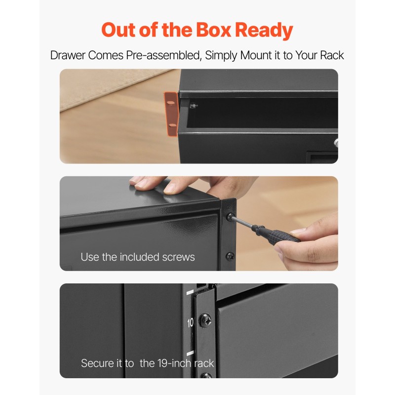 Räkkivetolaatikko 2U 19 tuuman 482 mm leveä lukittava hiiliteräksinen 3 kaapeliaukkoa