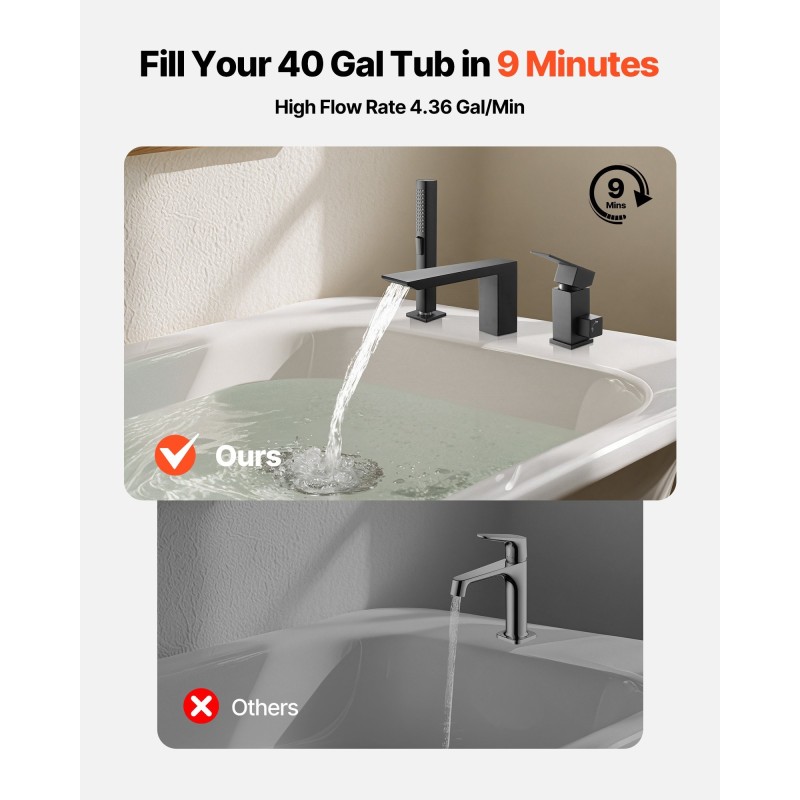 Kylpyammehana mattamusta ruostumaton teräs 3-reikäinen reuna-asennus yhden vivun vesiputousvirtaus