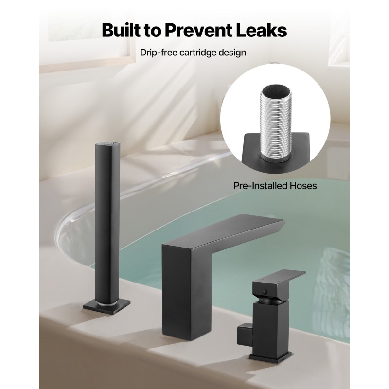 Kylpyammehana mattamusta ruostumaton teräs 3-reikäinen reuna-asennus yhden vivun vesiputousvirtaus