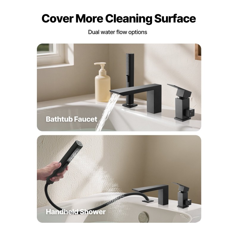 Kylpyammehana mattamusta ruostumaton teräs 3-reikäinen reuna-asennus yhden vivun vesiputousvirtaus