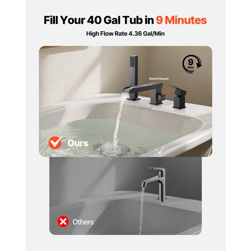 Roomalainen ammehana ruostumattomasta teräksestä mattamusta 3-reikäinen yhdellä vivulla käsisuihkulla