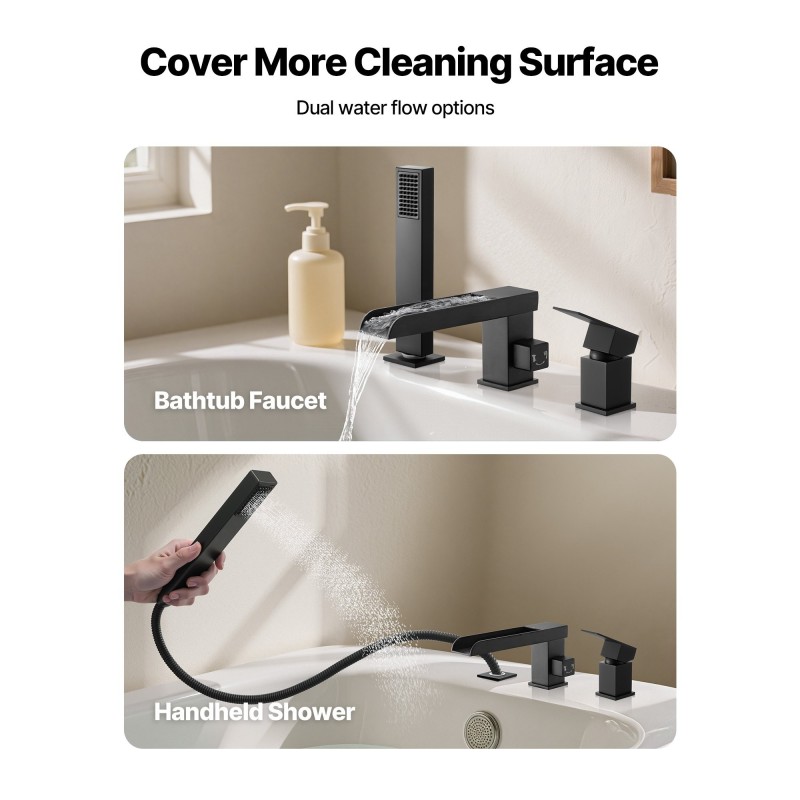 Roomalainen ammehana ruostumattomasta teräksestä mattamusta 3-reikäinen yhdellä vivulla käsisuihkulla