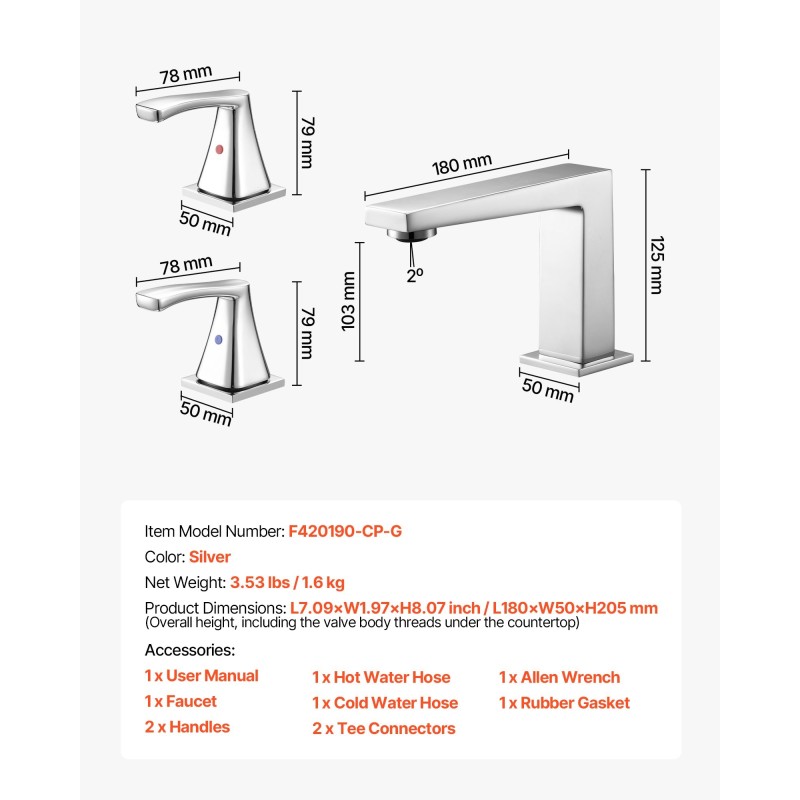 Kylpyammehana ruostumaton teräs kolmireikäinen reuna-asennus kulmikas juoksuputki kaksi kahvaa hopeanvärinen