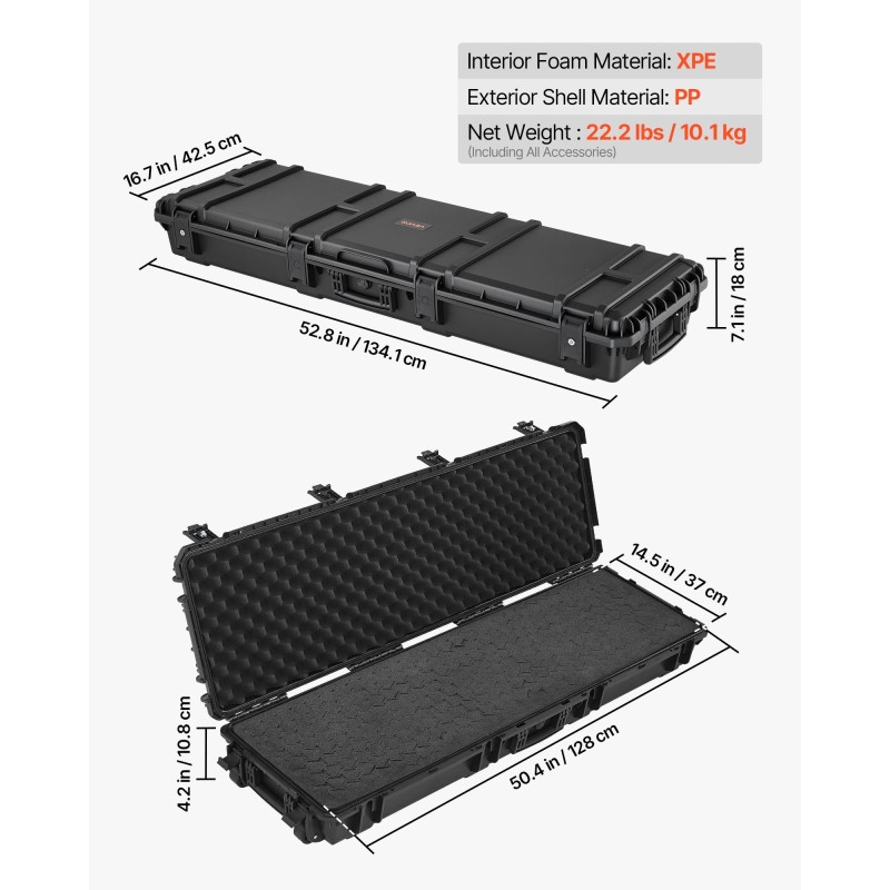 Kovakotelo pitkille aseille PP 134x42,5x18cm IP67 lukittava XPE-vaimennus