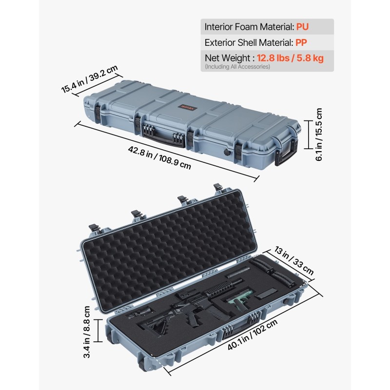 Asekotelo lukittava PP-muovinen IP67 sisämitta 102 cm muotoiltava vaahtomuovi pyörillä