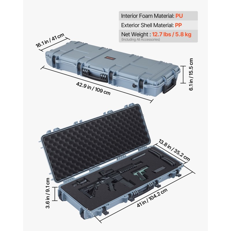 Kova PP-kuorinen aseen kuljetuslaukku IP67-vesitiivis pyörillä 1066 mm