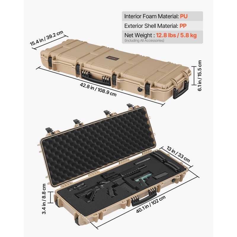 Kovakotelo PP-muovinen pitkille aseille IP67 vaahtomuovi pyörillä lukittava