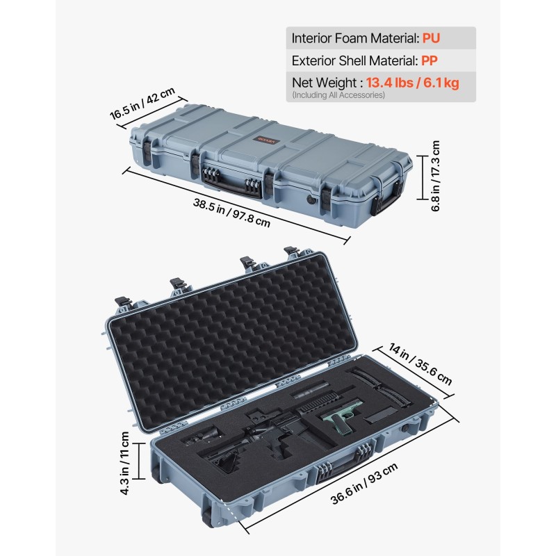Lukittava PP-kovakotelo pitkille aseille IP67 4 kerrosta vaahtomuovia 97,8x42x17,3 cm