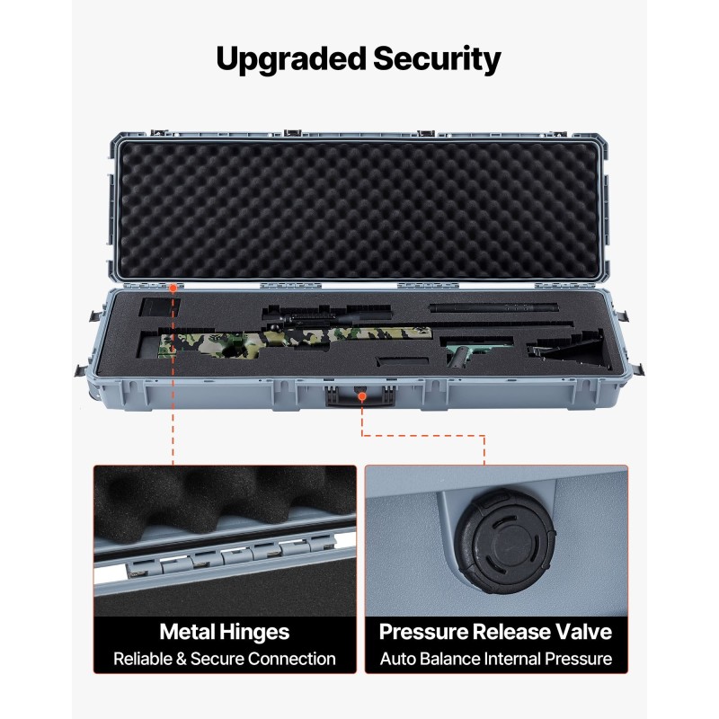 Asekotelo polypropeenimuovinen lukittava vesitiivis pölytiivis pyörillä esileikatulla vaahdolla kivääreille ja pistooleille