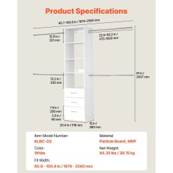 Säädettävä kaappijärjestelmä 3 laatikkoa MDF- ja lastulevy 1670–2560 mm