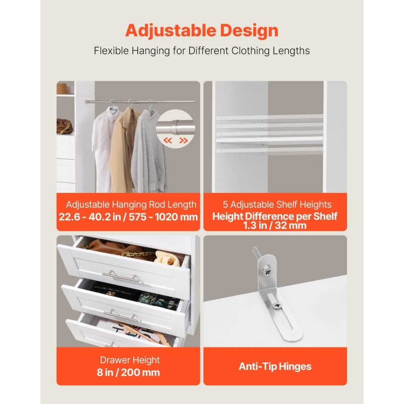 Säädettävä kaappijärjestelmä 3 laatikkoa MDF- ja lastulevy 1670–2560 mm