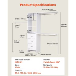 Laajennettava vaatekaappijärjestelmä MDF-lastulevy valkoinen 3 vetolaatikkoa 3 vaatetankoa 5 säädettävää hyllyä