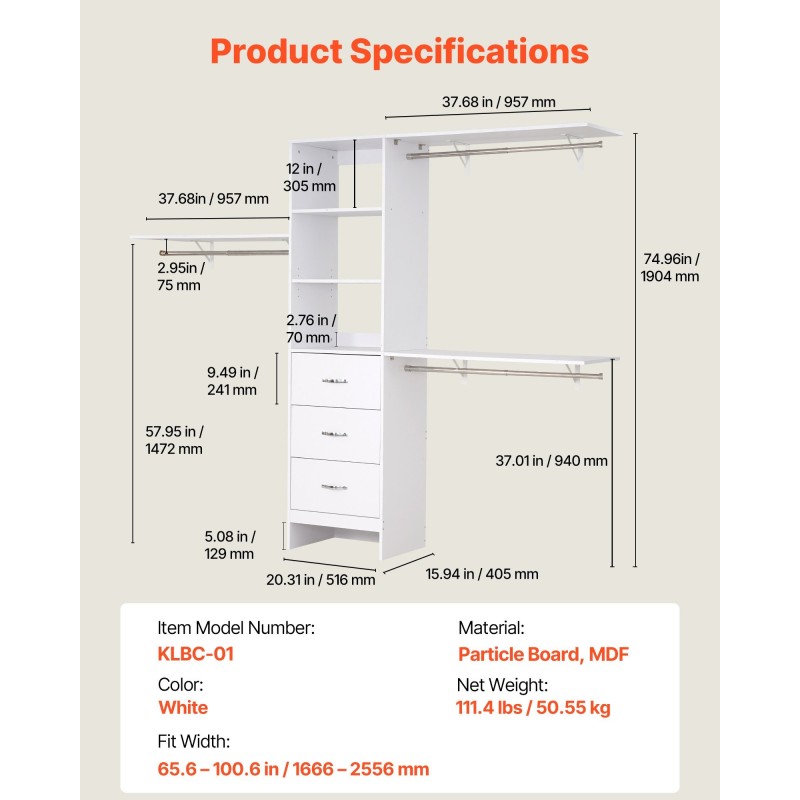 Laajennettava vaatekaappijärjestelmä MDF-lastulevy valkoinen 3 vetolaatikkoa 3 vaatetankoa 5 säädettävää hyllyä