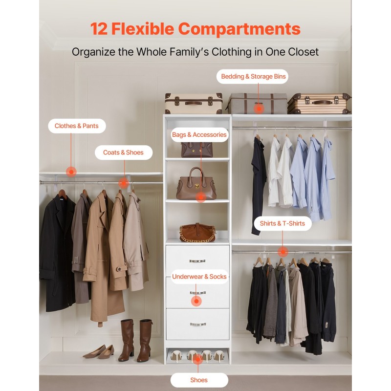 Laajennettava vaatekaappijärjestelmä MDF-lastulevy valkoinen 3 vetolaatikkoa 3 vaatetankoa 5 säädettävää hyllyä