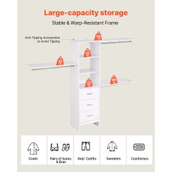Laajennettava vaatekaappijärjestelmä MDF-lastulevy valkoinen 3 vetolaatikkoa 3 vaatetankoa 5 säädettävää hyllyä
