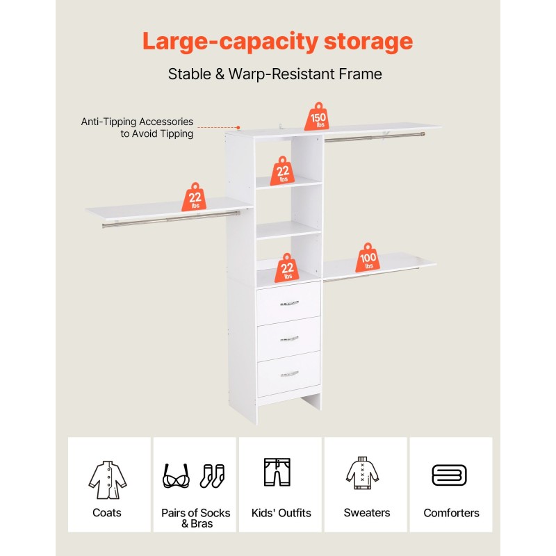 Laajennettava vaatekaappijärjestelmä MDF-lastulevy valkoinen 3 vetolaatikkoa 3 vaatetankoa 5 säädettävää hyllyä