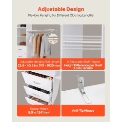 Laajennettava vaatekaappijärjestelmä MDF-lastulevy valkoinen 3 vetolaatikkoa 3 vaatetankoa 5 säädettävää hyllyä