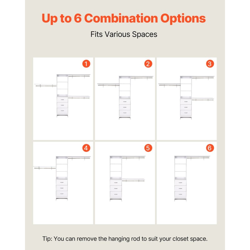 Laajennettava vaatekaappijärjestelmä MDF-lastulevy valkoinen 3 vetolaatikkoa 3 vaatetankoa 5 säädettävää hyllyä
