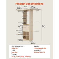 Vaatekaappijärjestelmä lastulevy harmaan tammen sävyllä kaksi laatikkoa säädettävä leveys 1100–2100 mm