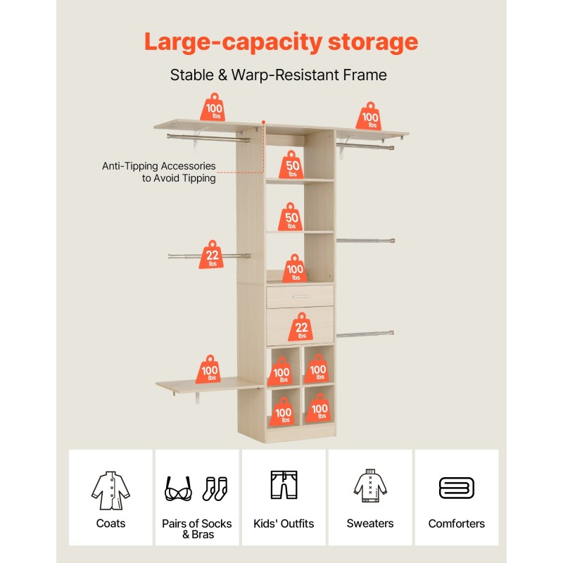 Vaatekaappijärjestelmä lastulevy harmaan tammen sävyllä kaksi laatikkoa säädettävä leveys 1100–2100 mm