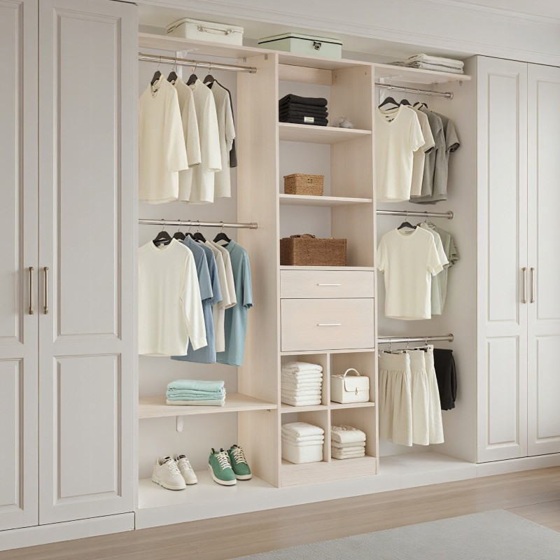 Vaatekaappijärjestelmä lastulevy harmaan tammen sävyllä kaksi laatikkoa säädettävä leveys 1100–2100 mm