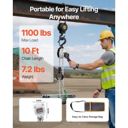 Käsikäyttöinen vipukettinki 500 kg suurilujuuksinen seosteräsketju teräsrakenne 3 m nostokorkeus kaksitoiminen jarru