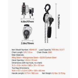 Käsikäyttöinen vipukettinki 500 kg suurilujuuksinen seosteräsketju teräsrakenne 3 m nostokorkeus kaksitoiminen jarru