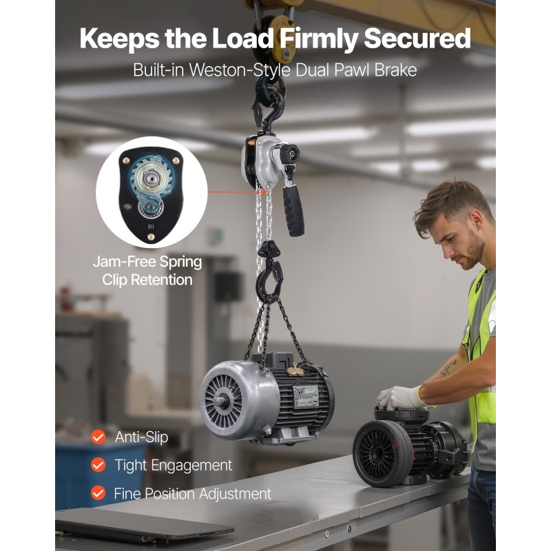 Käsikäyttöinen vipuketjutalja 250 kg G80 ketju 3 m 360 asteen koukut