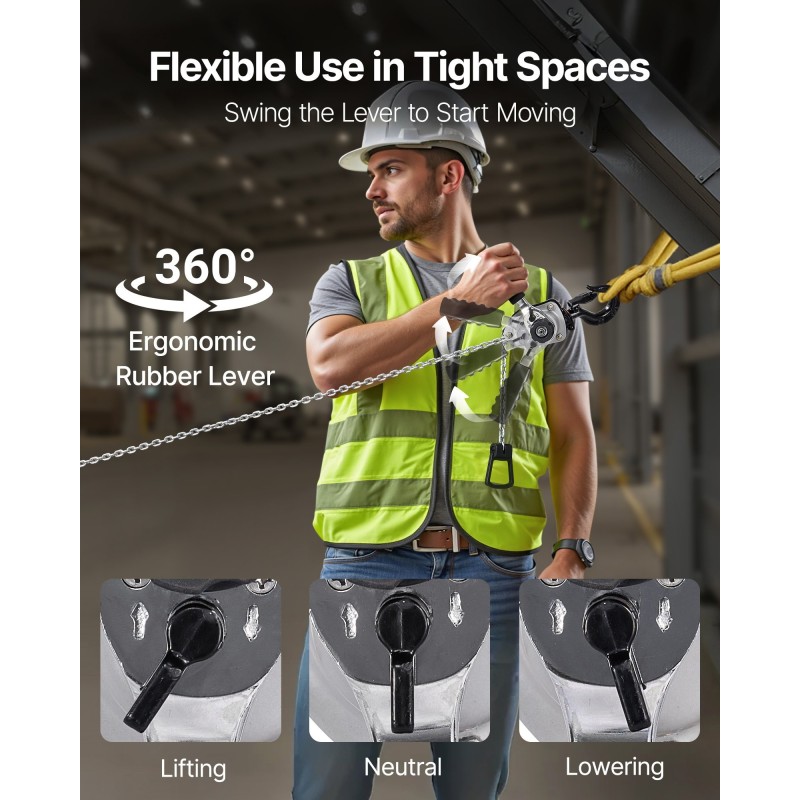 Käsikäyttöinen vipuketjutalja 250 kg G80 ketju 3 m 360 asteen koukut