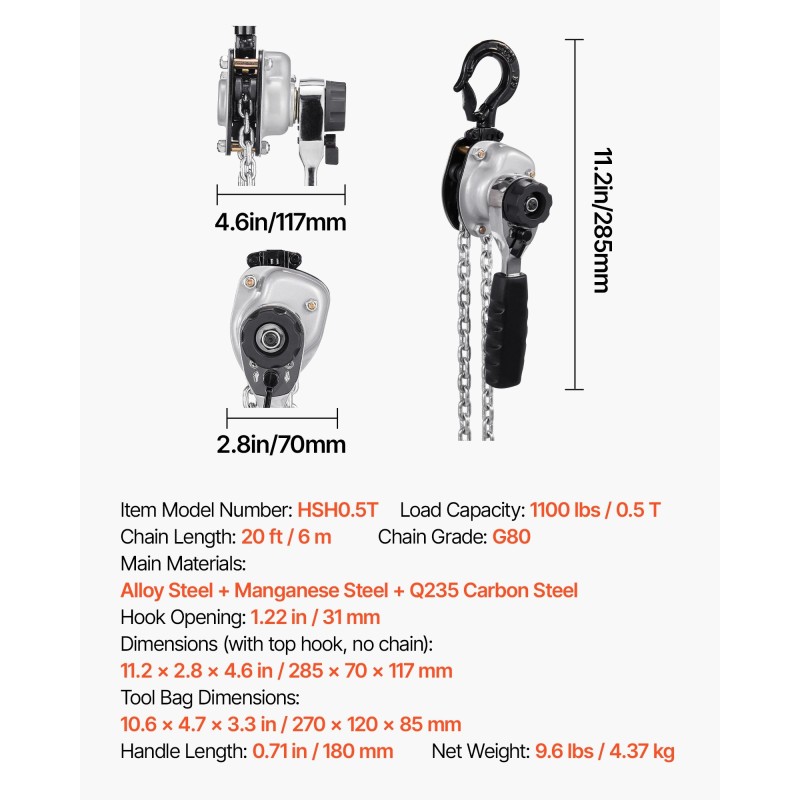 Viputalja käsikäyttöinen 0,5 t 6 m G80-seosteräsketju kaksoiskynsinen jarru